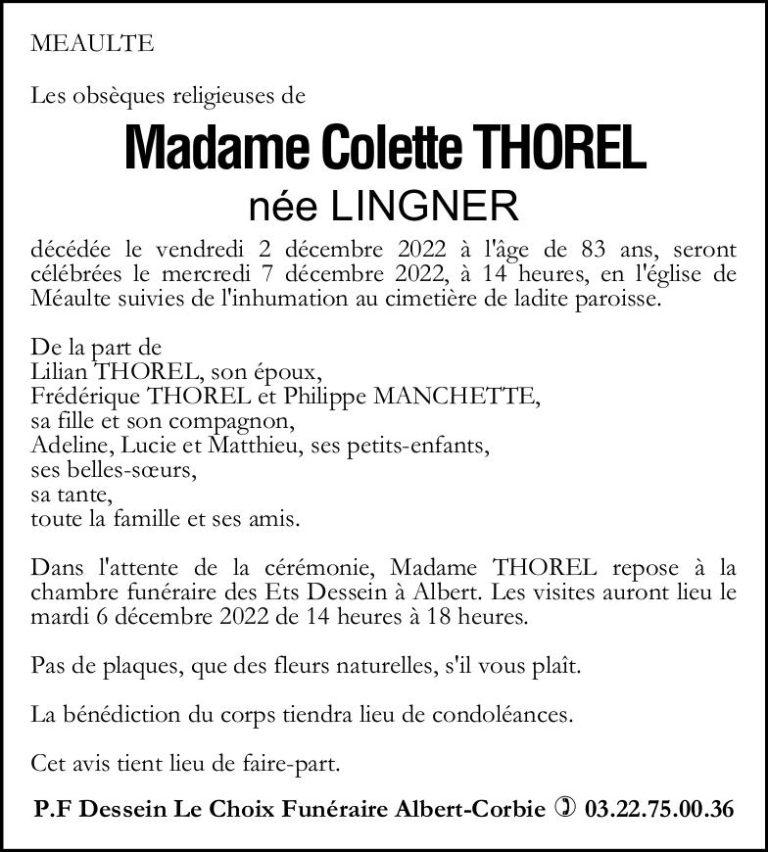 Madame Colette THOREL née LINGNER Pompes Funèbres Dessein