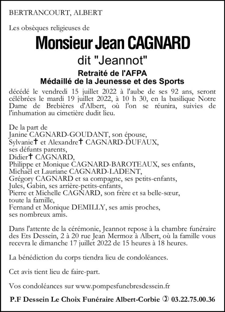 Avis de décès de monsieur Jean CAGNARD