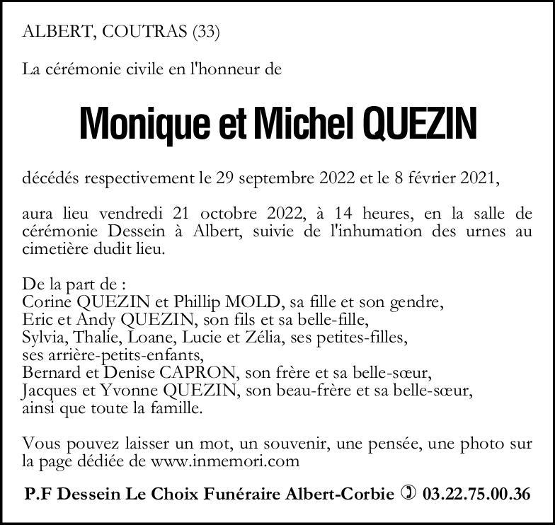 Avis de Décès Monique et Michel QUEZIN