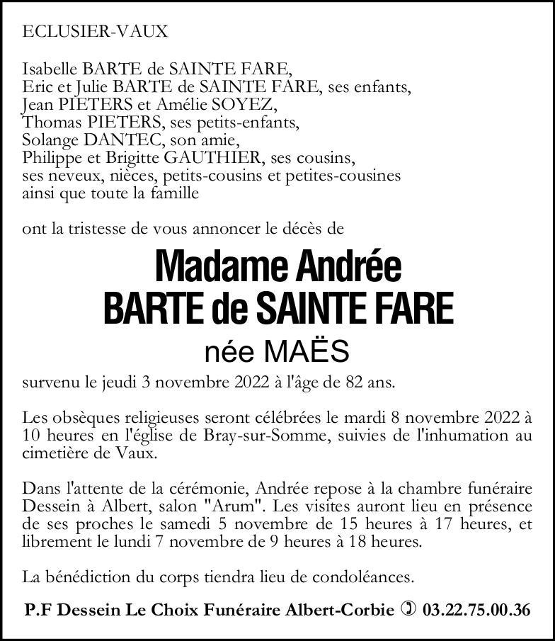 Avis de décès Andrée BARTE DE SAINTE FARE