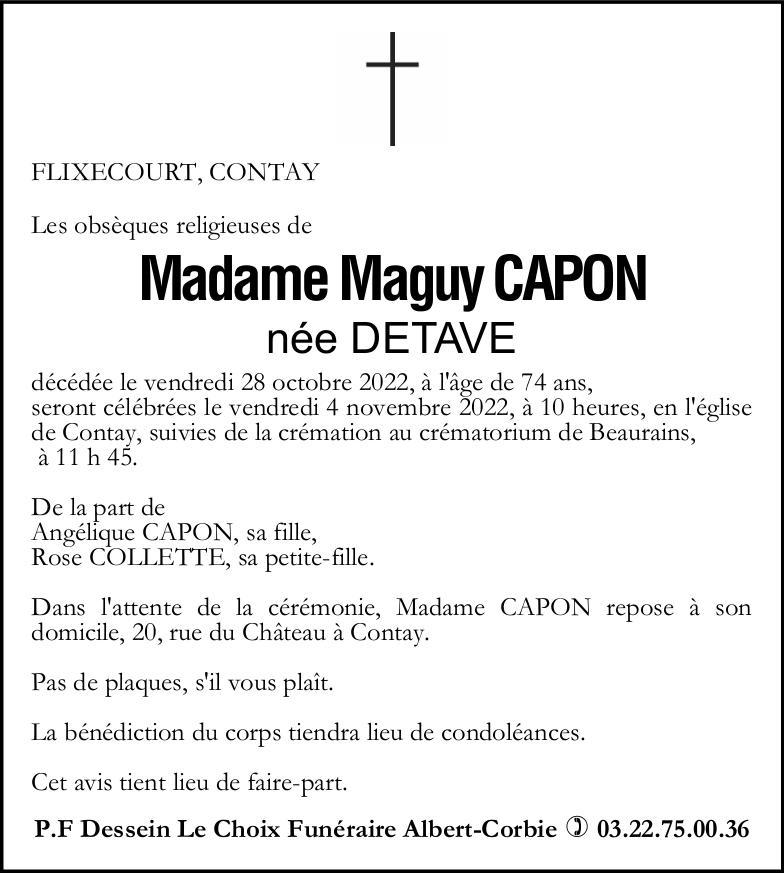 Avis de décès MAGUY CAPON