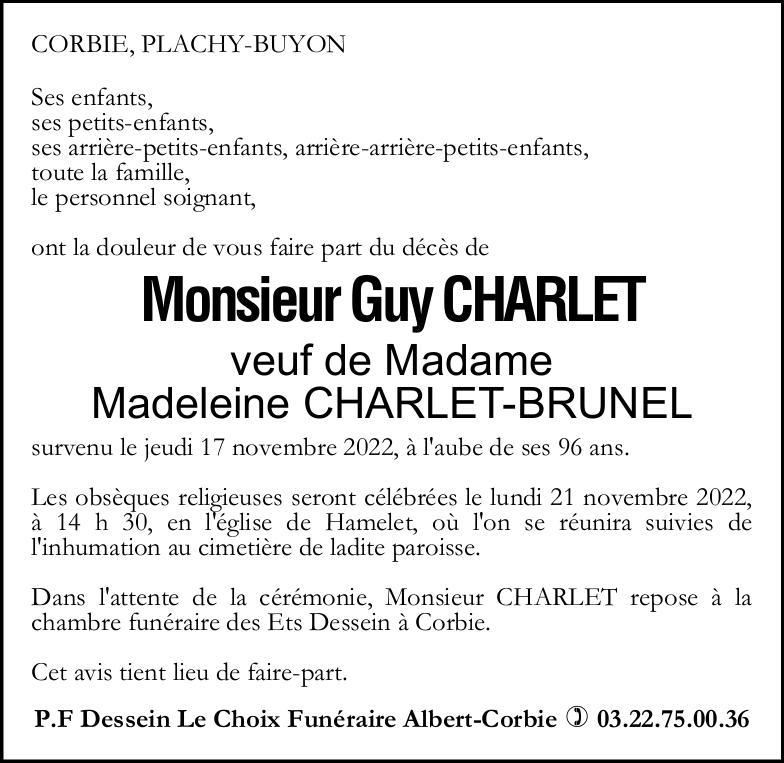 Avis de décès Monsieur GUY CHARLET