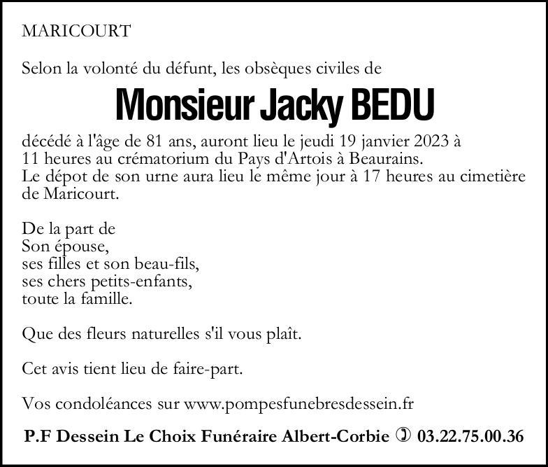 Avis de décès Jacky BEDU