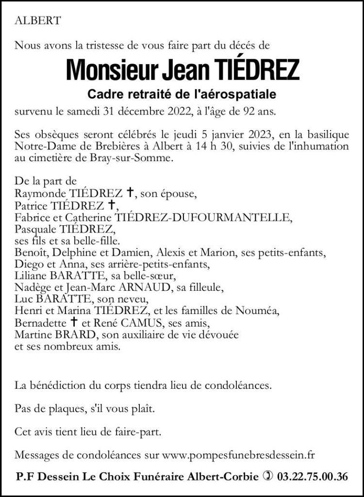 Avis de décès Jean TIEDREZ