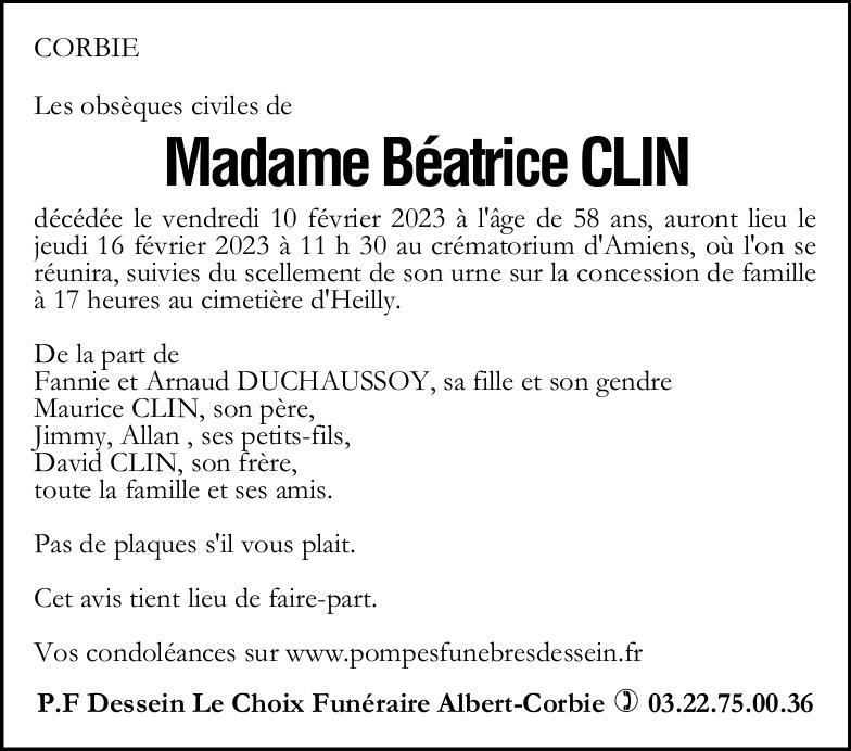 Avis de décès Béatrice CLIN