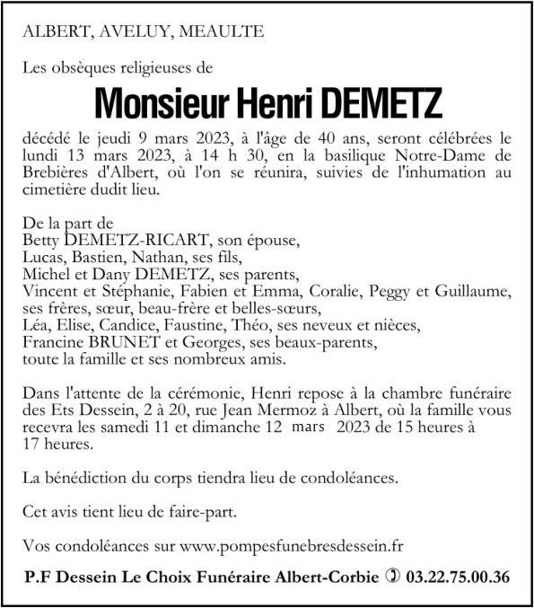 Avis de décès Henri DEMETZ