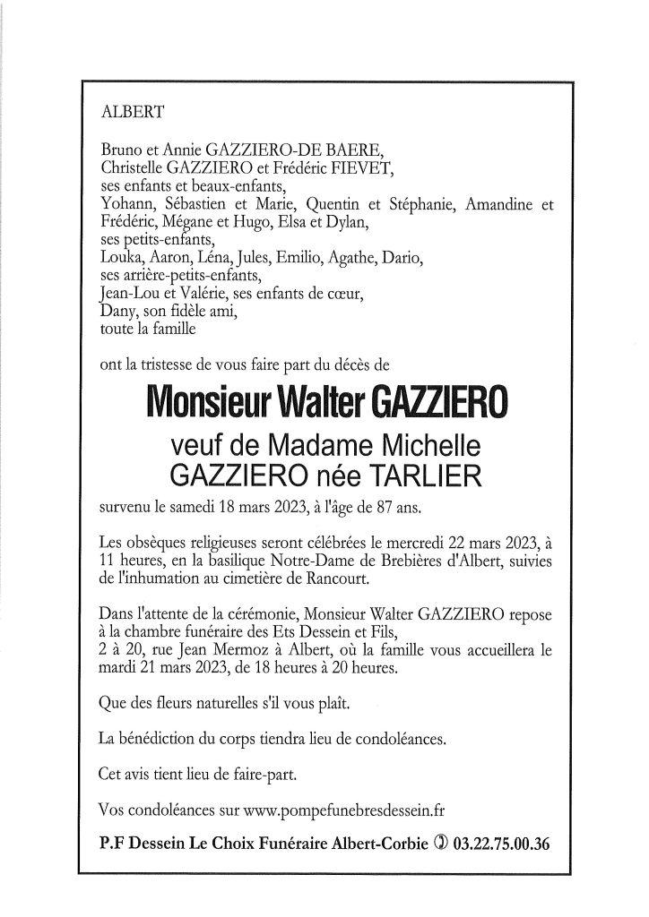 Avis de décès de Monsieur Walter GAZZIERO