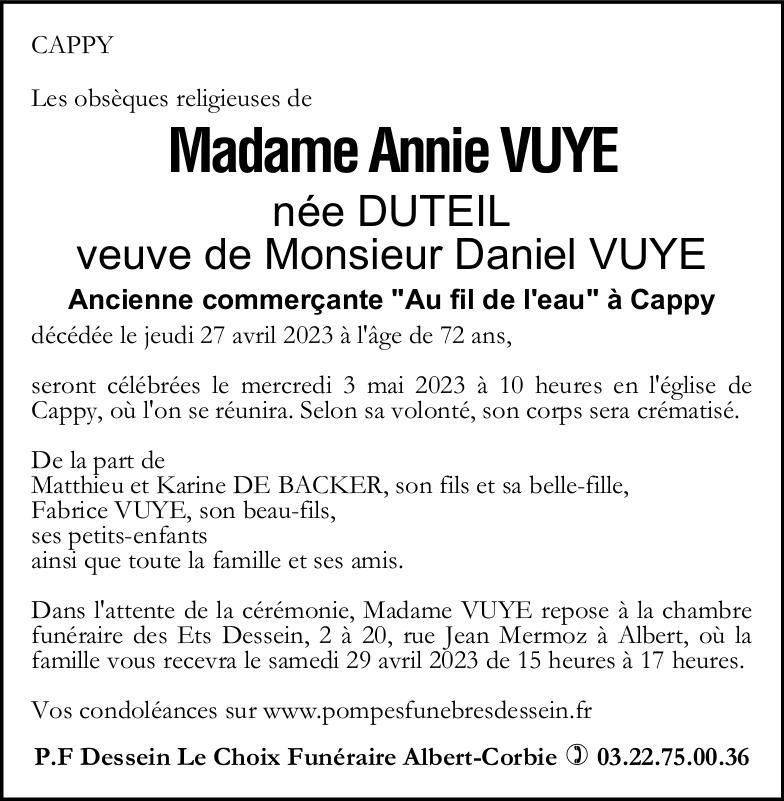 Avis de décès Annie VUYE