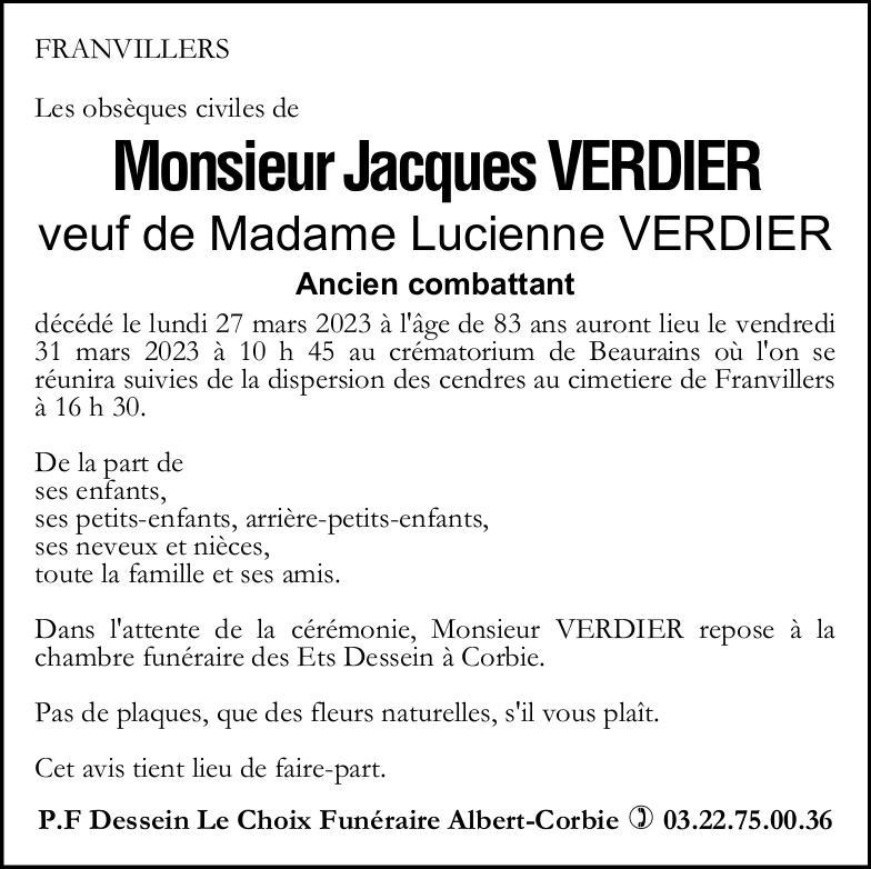 Avis de décès de Monsieur Jacques VERDIER