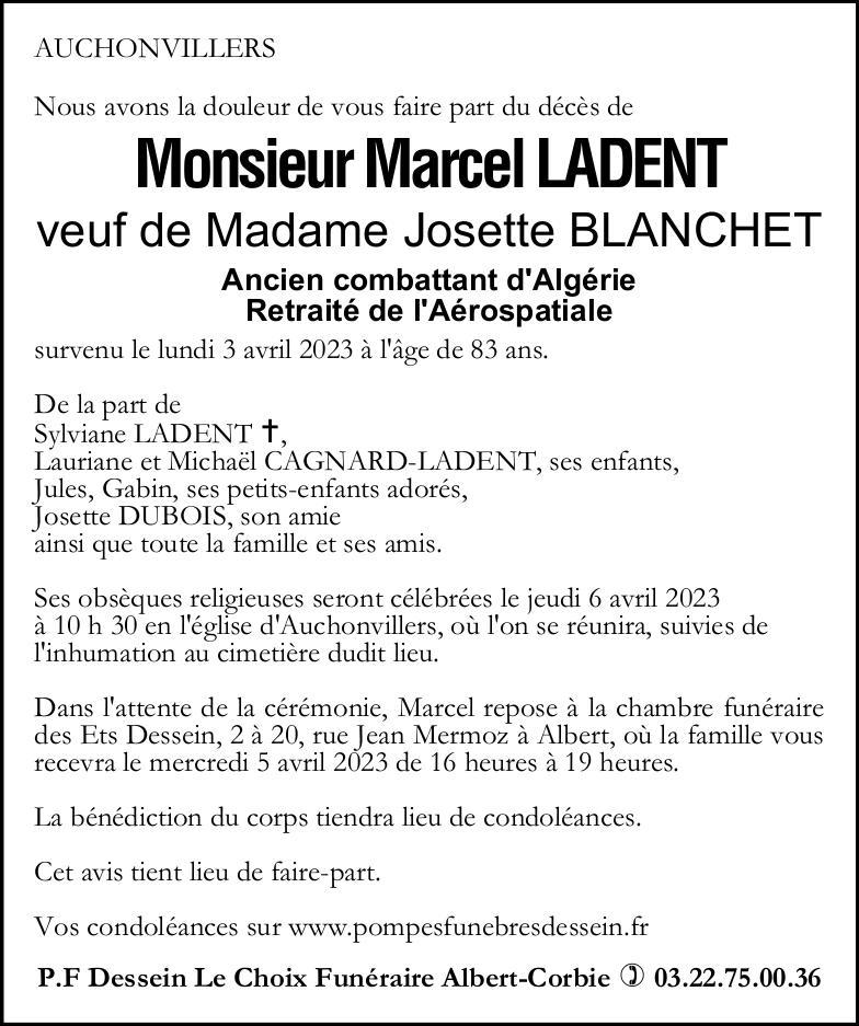 Avis de décès de Monsieur Marcel LADENT