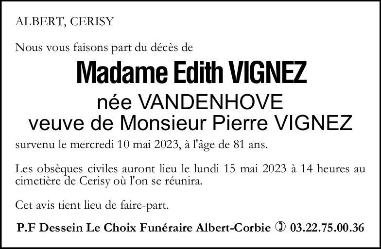 Avis de décès Madame Edith VIGNEZ