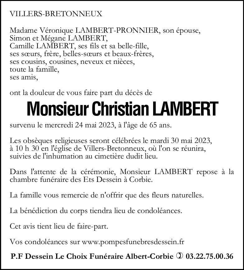 Avis de décès Monsieur Christian LAMBERT