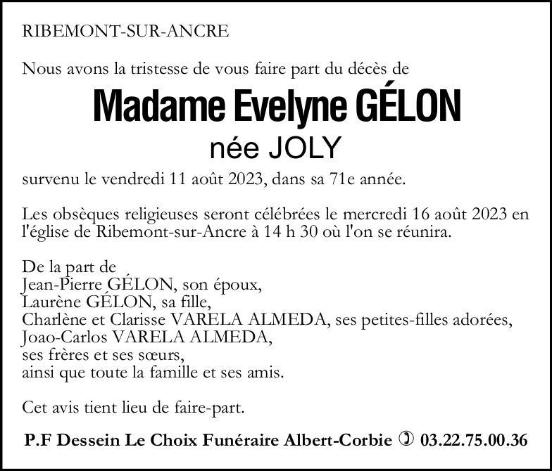 Avis de dcéès Evelyne GELON