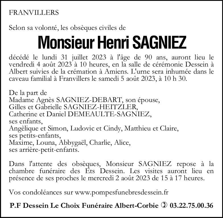 Avis de décès Henri SAGNIEZ