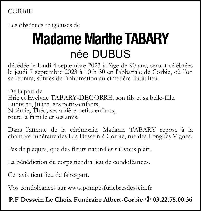 Avis de décès MARTHE TABARY