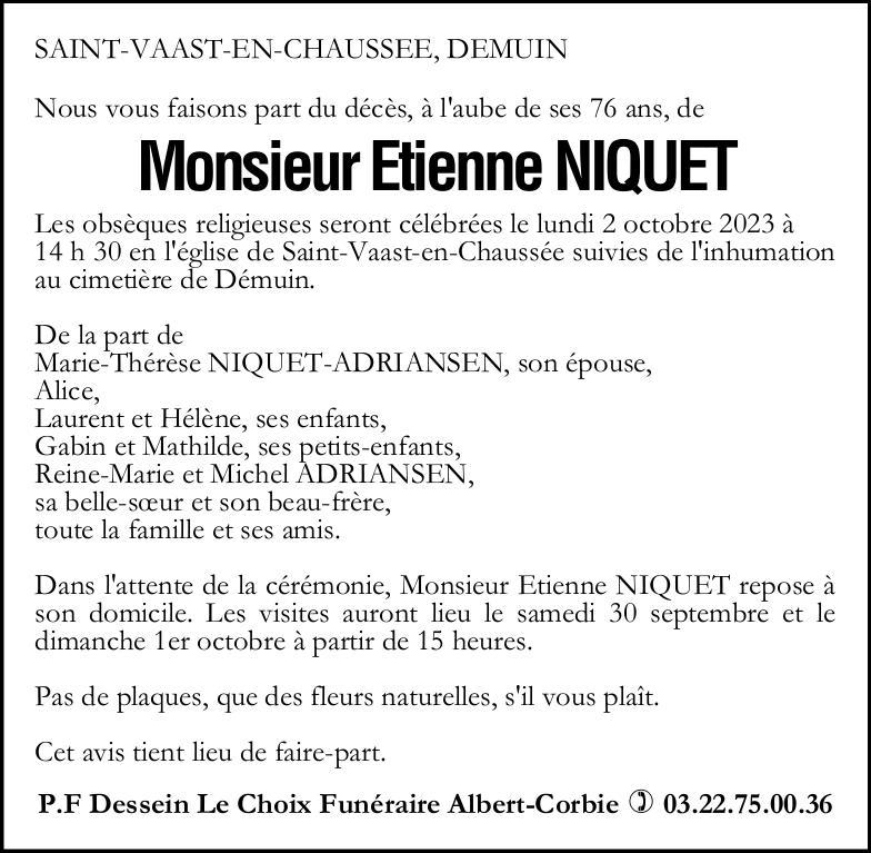 Avis de décès Monsieur Etienne NIQUET