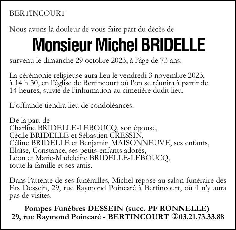 Avis de décès - Monsieur Michel BRIDELLE