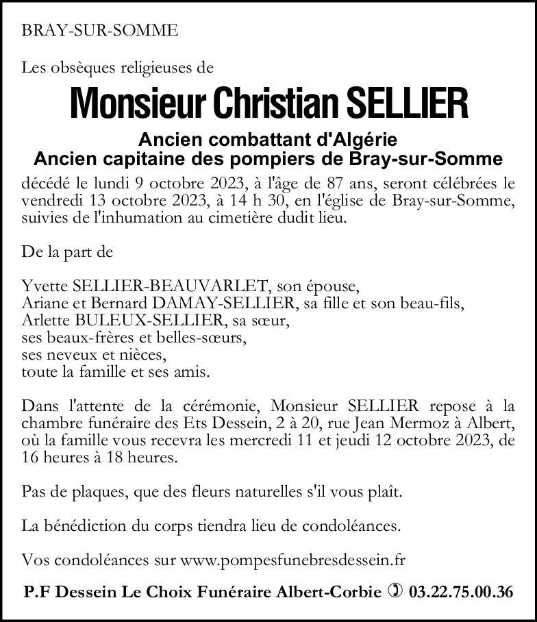 Avis de décès de Monsieur Christian SELLIER