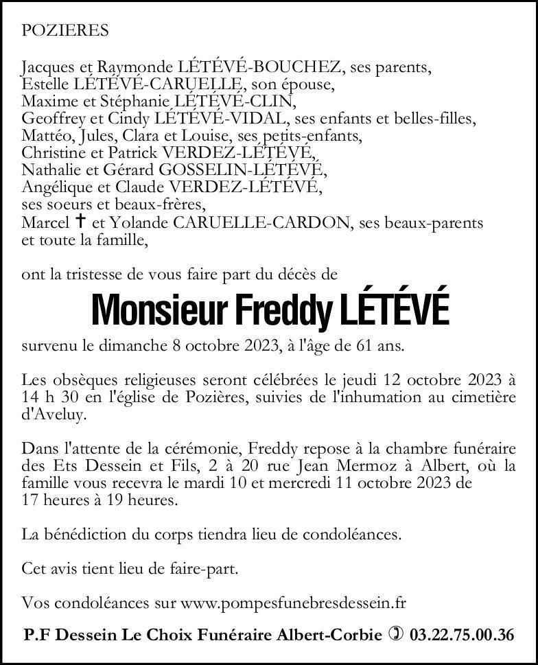 Avis de décès de Monsieur Freddy LÉTÉVÉ