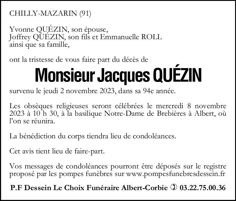 Avis de décès Jacques QUEZIN