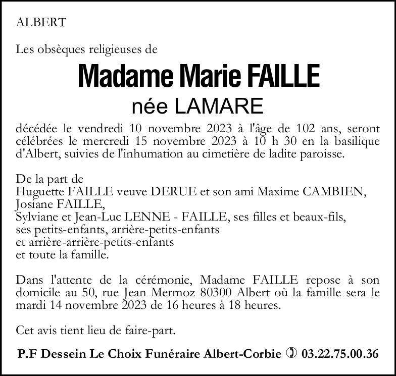 Avis de décès Marie FAILLE