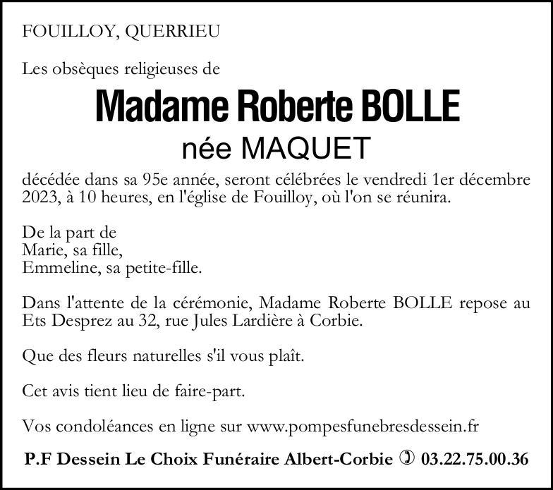 Avis de décès de Madame Roberte BOLLE née MAQUET