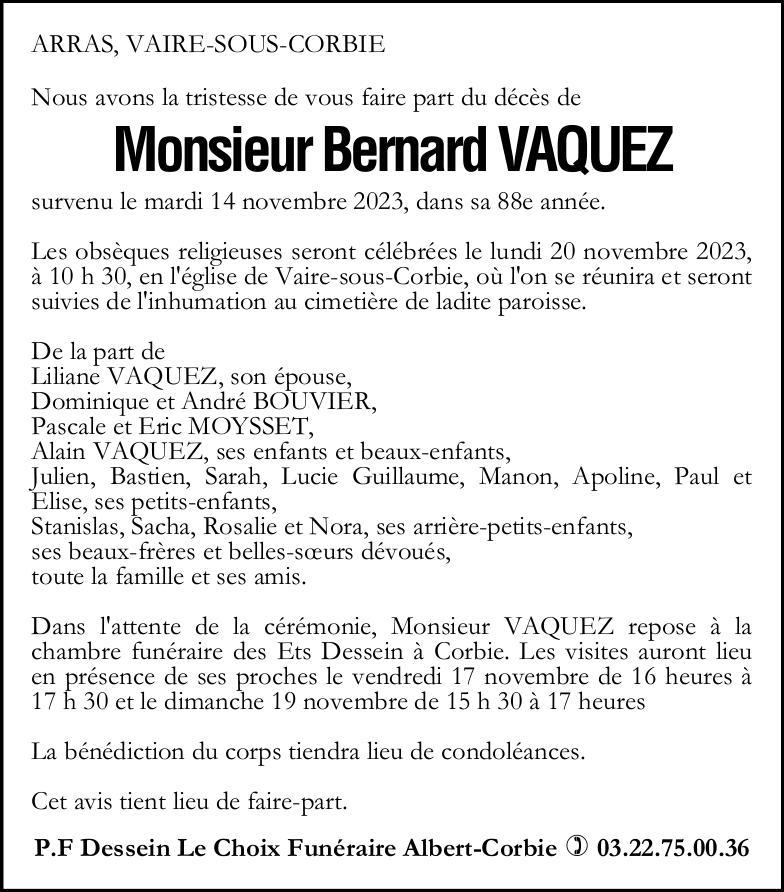 Avis de décès de Monsieur Bernard VAQUEZ