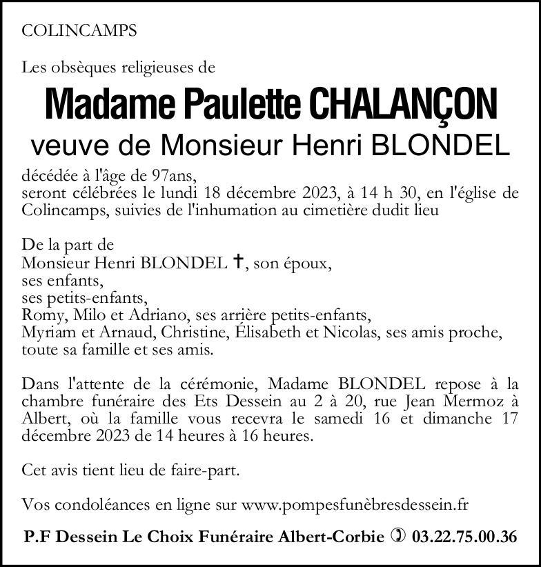 Avis de décès PAULETTE CHALANCON