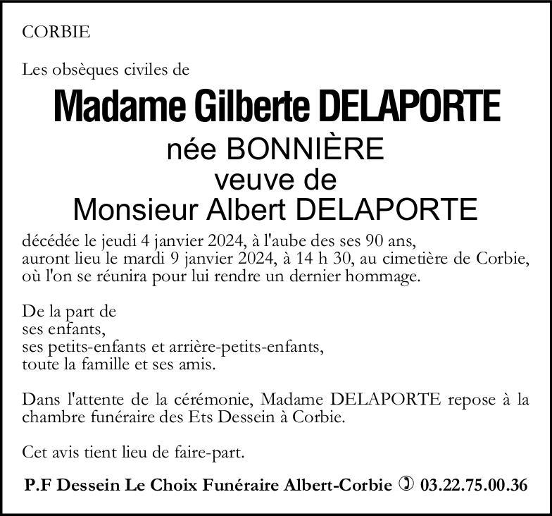 Avis de décès Gilberte DELAPORTE