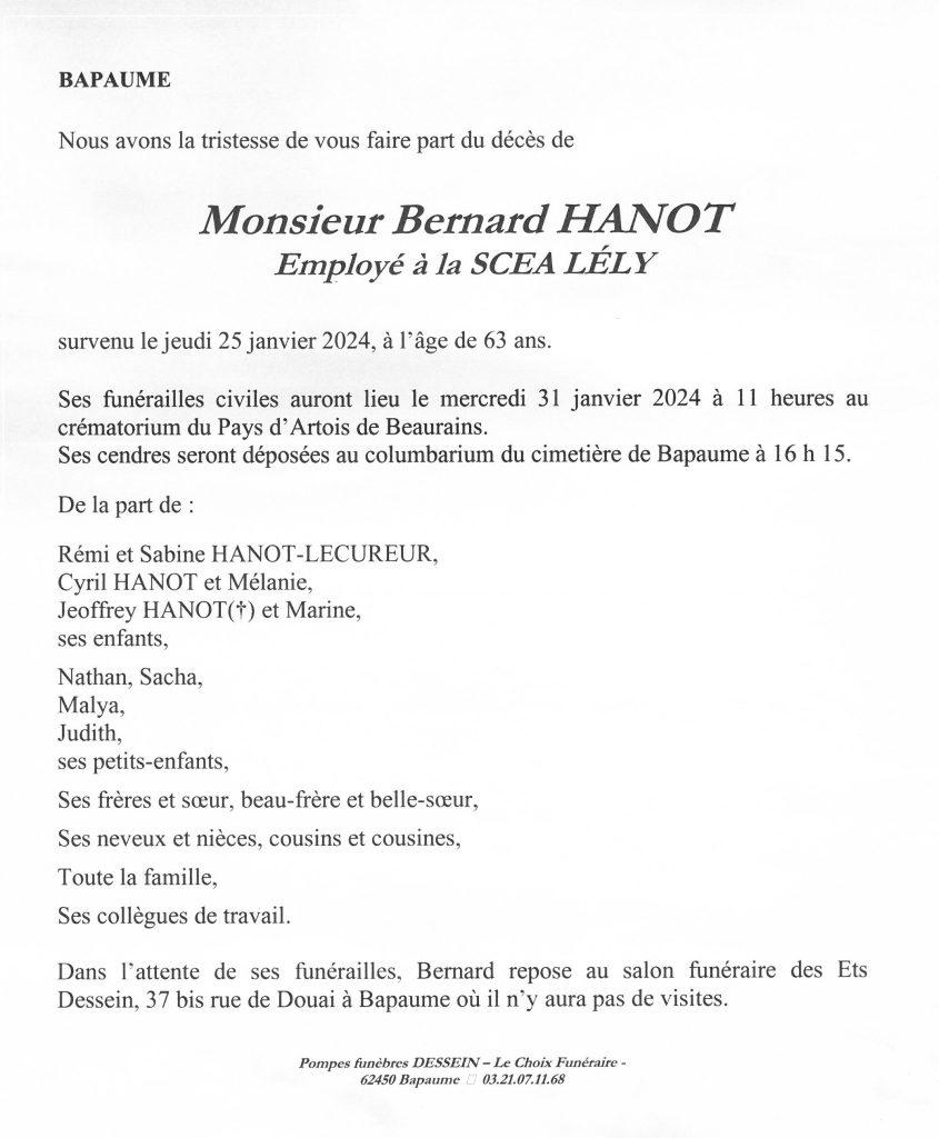 Avis de décès - Monsieur Bernard HANOT