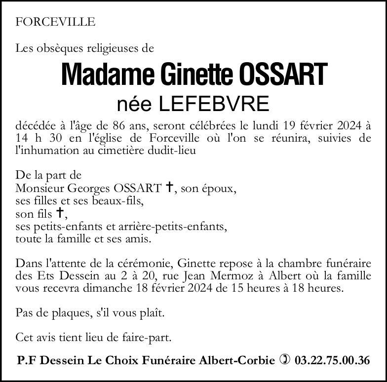 Avis de décès Ginette OSSART