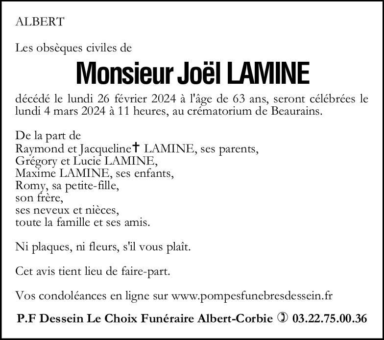 Avis de décès Joël LAMINE