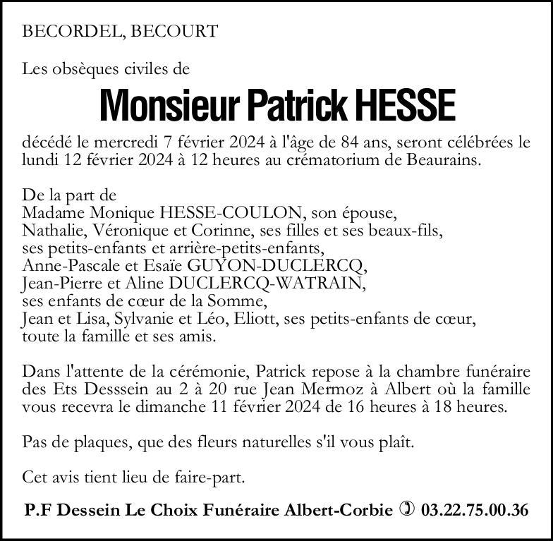 Avis de décès Patrick HESSE