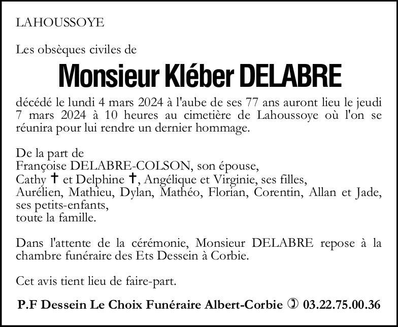 Avis de décès Kléber DELABRE