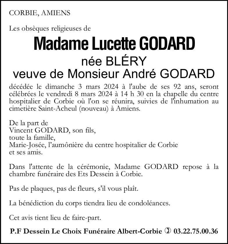 Avis de décès Lucette GODARD