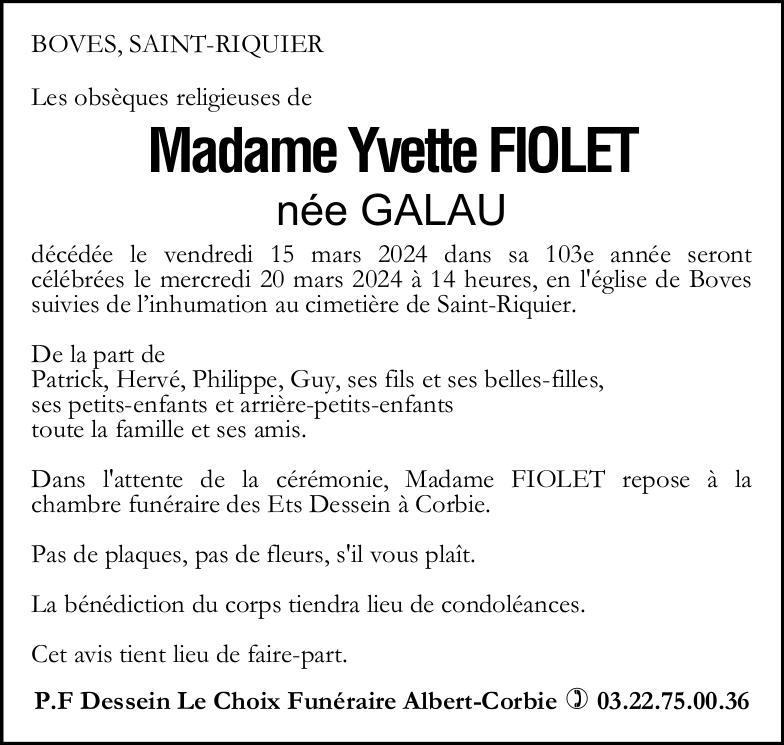 Avis de décès Yvette FIOLET