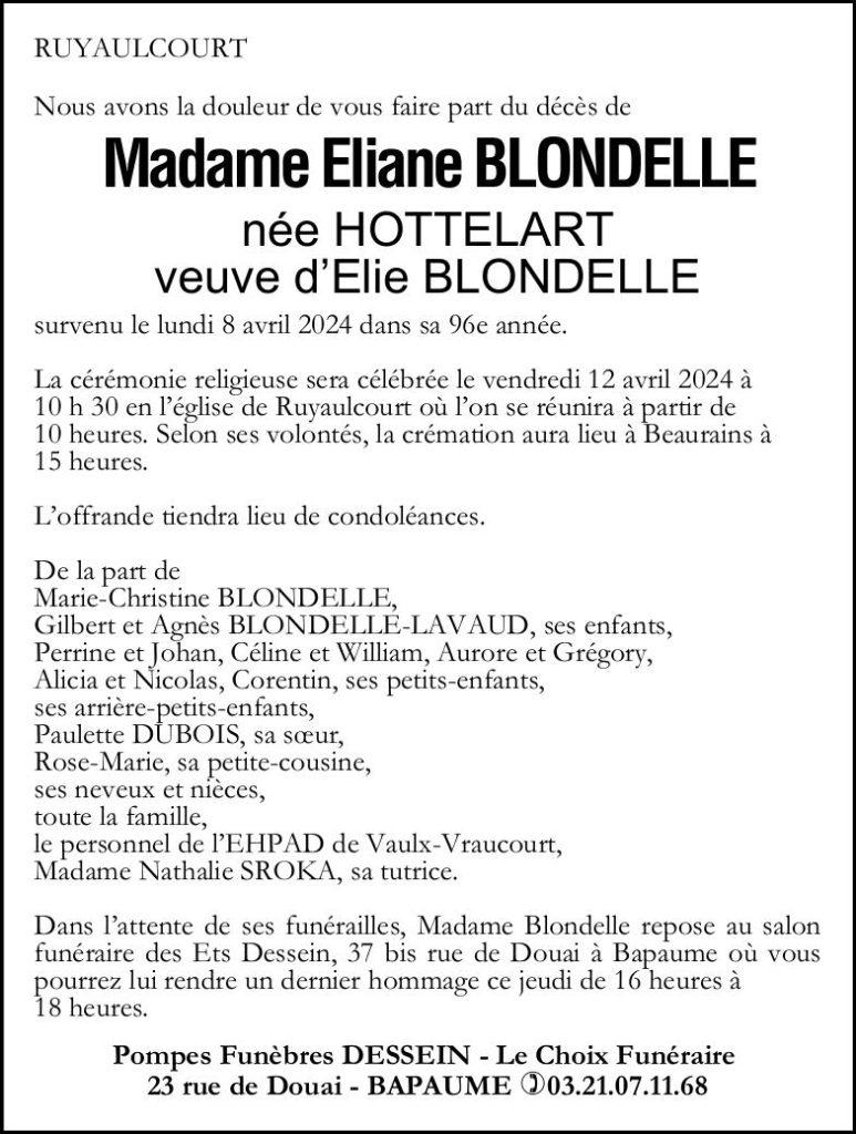 Avis de décès - Madame Eliane BLONDELLE née HOTTELART