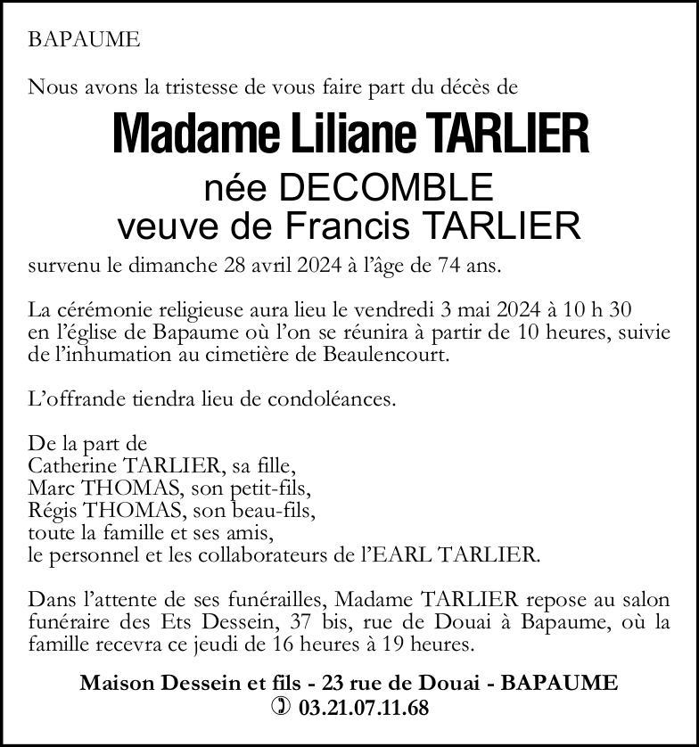 Avis de décès - Madame Liliane TARLIER née DECOMBLE