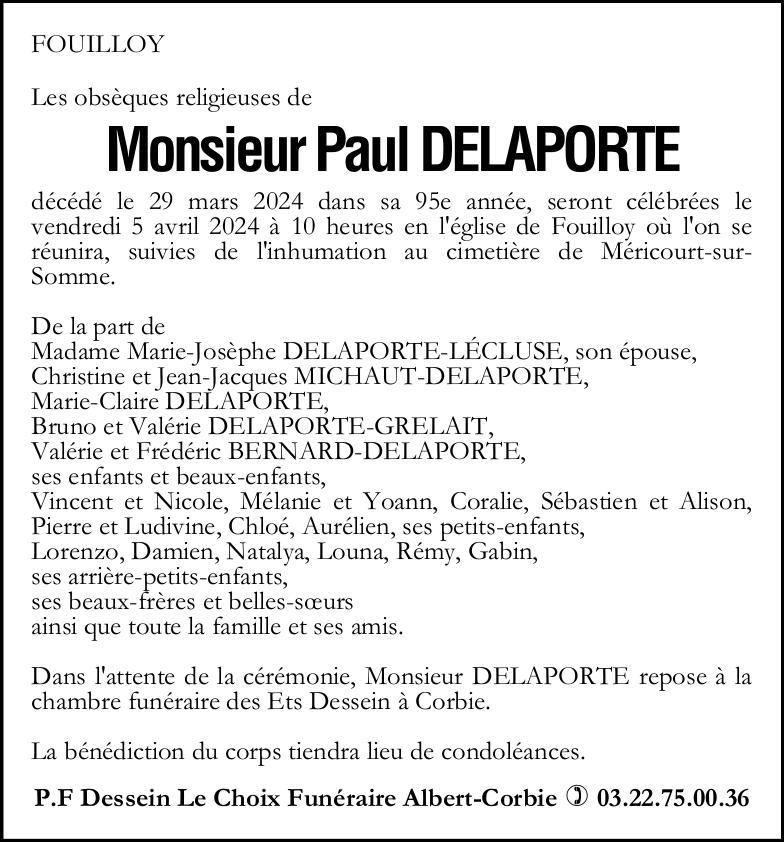 Avis de décès Paul DELAPORTE