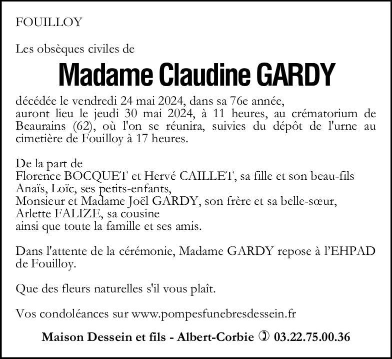 Avis de décès Claudine GARDY