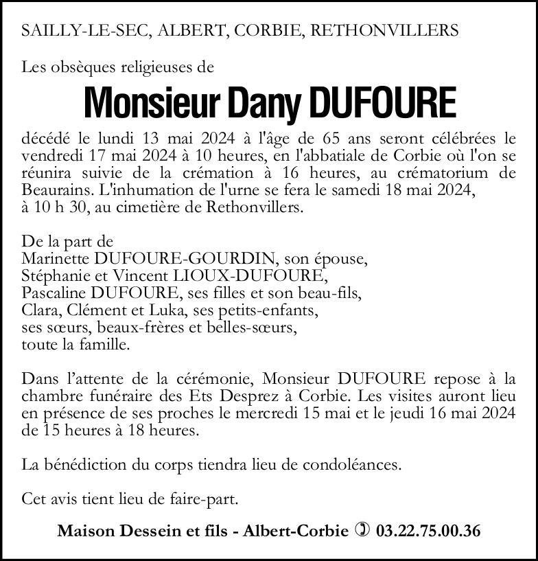 Avis de décès Dany DUFOURE