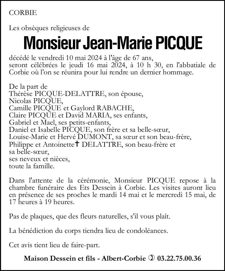 Avis de décès Jean-Marie PICQUE