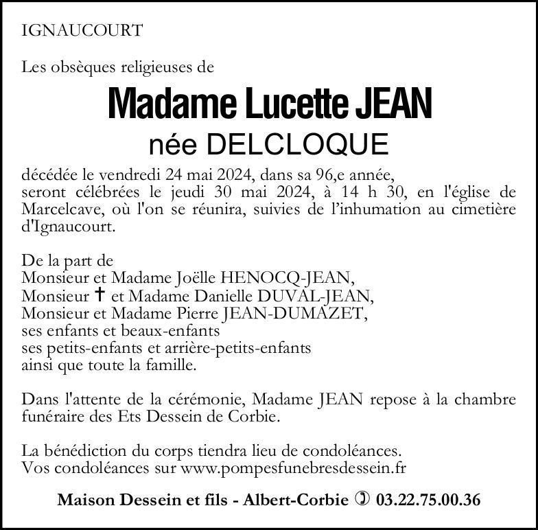 Avis de décès Lucette JEAN