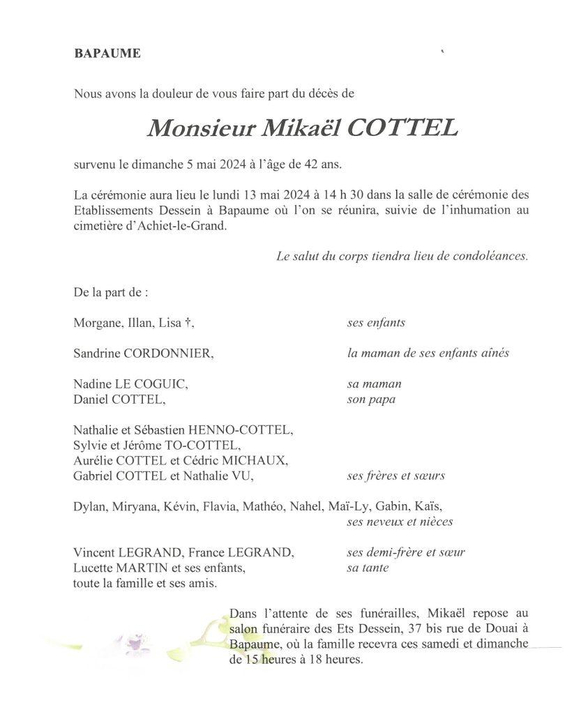 Avis de décès - Monsieur Mikaël COTTEL