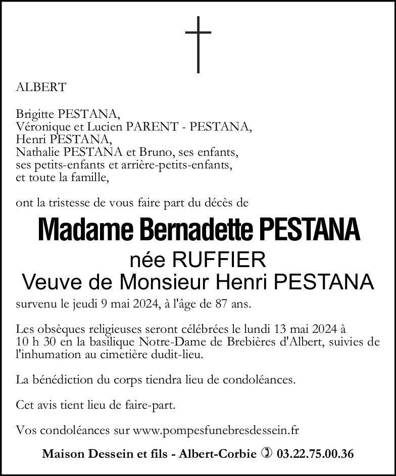 Avis de décès de Madame Bernadette PESTANA née RUFFIER