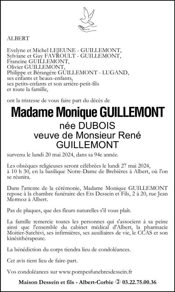 Avis de décès de Madame Monique GUILLEMONT née DUBOIS