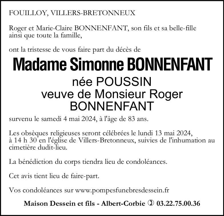 Avis de décès de Madame Simonne BONNENFANT née POUSSIN