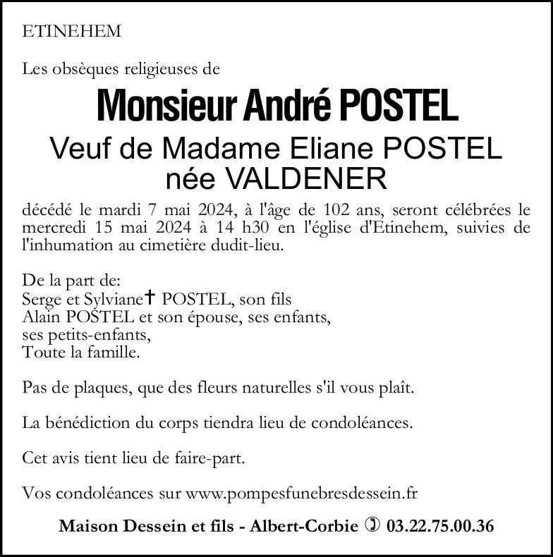 Avis de décès de Monsieur André POSTEL