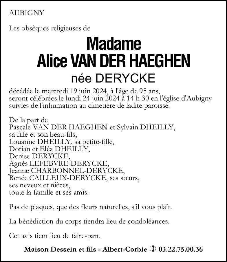 Avis de décès Alice VAN DER HAEGEN