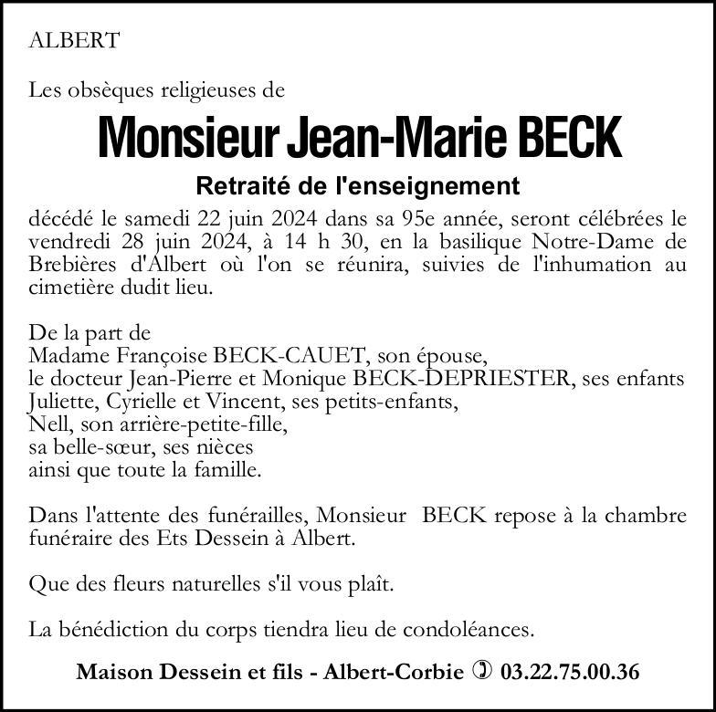 Avis de décès Jean-Marie BECK